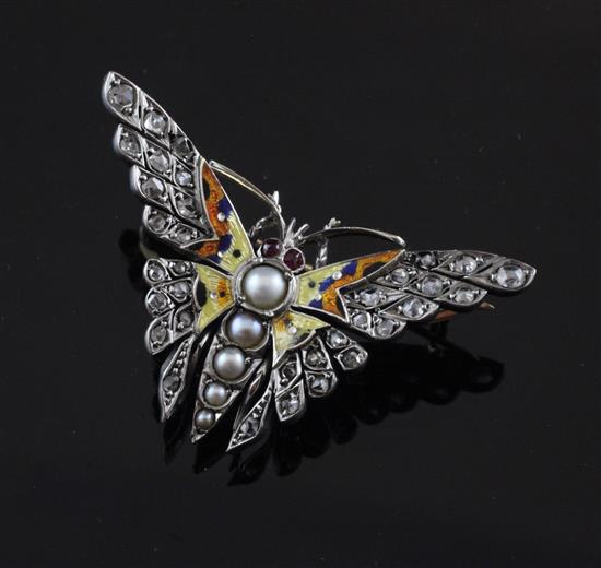A gold and platinum, rose cut diamond, graduated split pearl and enamel butterfly brooch, 1.5in.